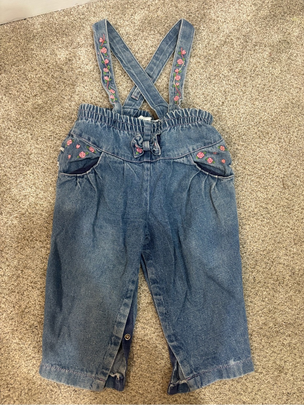 Vintage blue denim baby girl overalls floral embroidered cross back straps 18 mo
